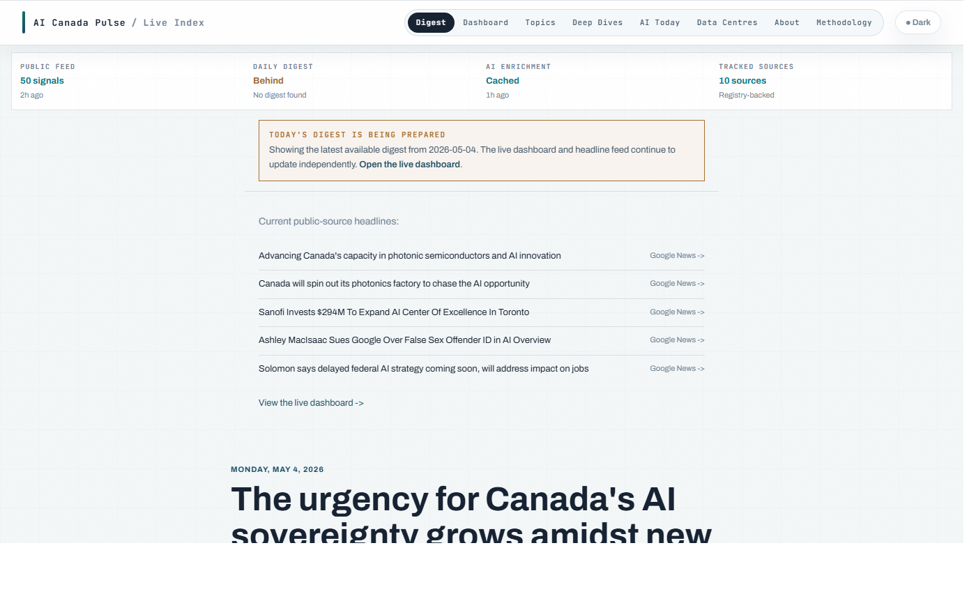 Live preview of AI Canada Pulse